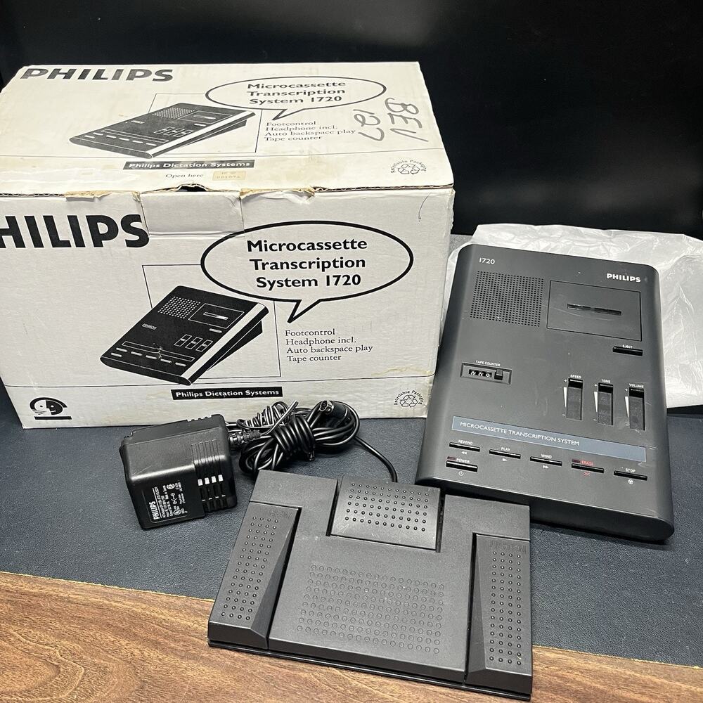 Philips 1720 Transcription Kit System Executive & Pedal & Genuine Power Supply